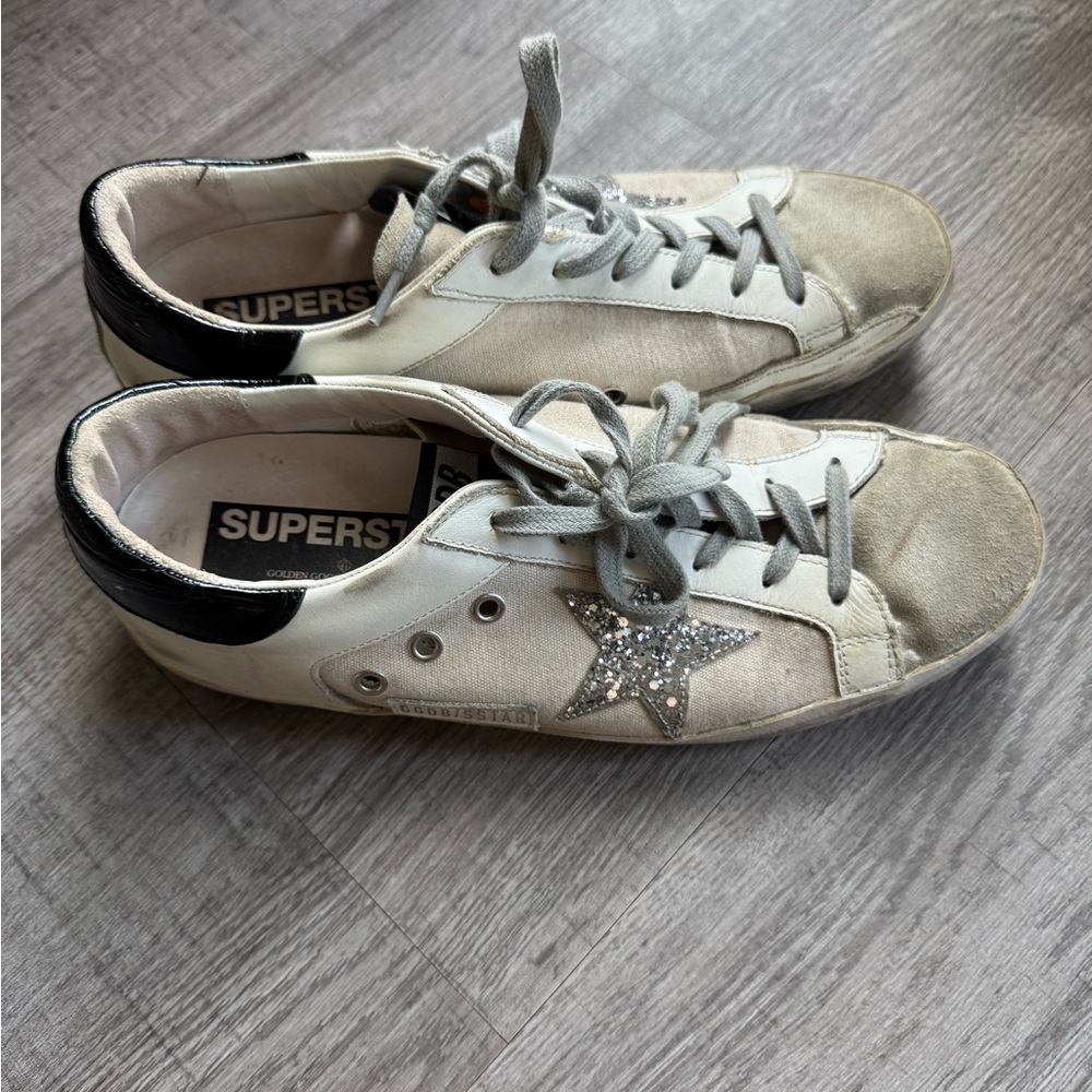 Golden Goose GGDB/SSTAR White & Black Sneakers with Silver Glitter Star Size 10